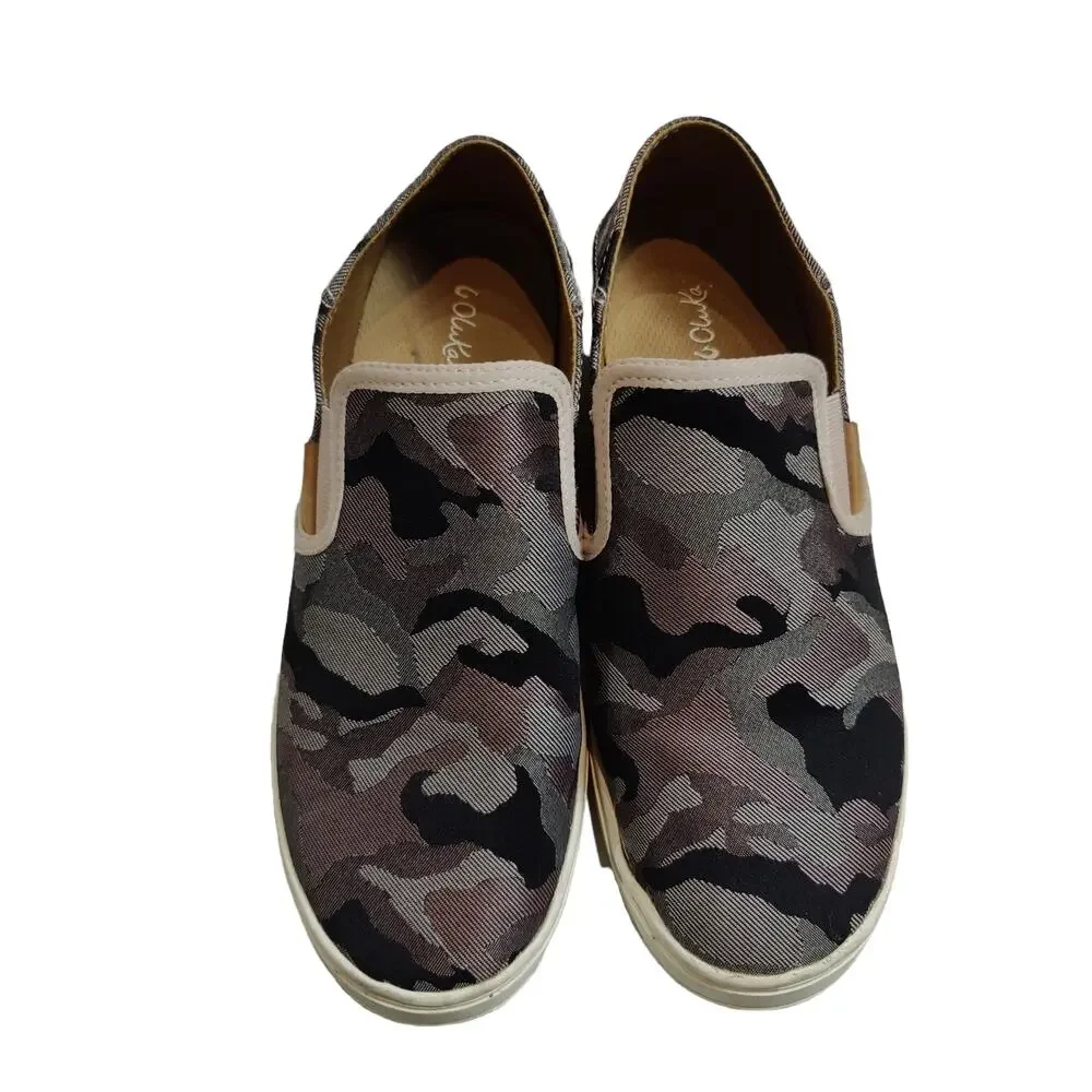 Olukai Women's Sz 7.5 Pehuea Pa'i Grey Camo Slip On Sneakers Fold Down Heel
